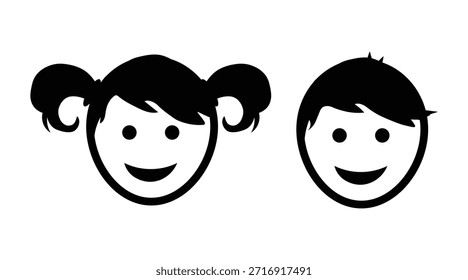 Children Face Icon Set Featuring Boy and Girl Characters. simple boy and girl icon, baby and child symbol.