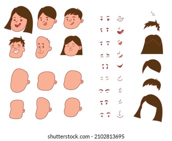 Children face kit. Boy and girl avatar constructor kit with hair, nose and lips. Facial shapes and hairstyle templates. Eyes with eyebrows creation. Vector cartoon portrait editable elements set