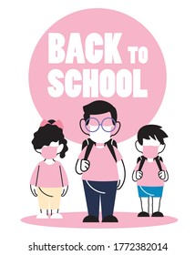 children with face mask back to school vector illustration desing