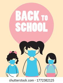 niños con máscara facial de vuelta al diseño de ilustraciones vectoriales escolares