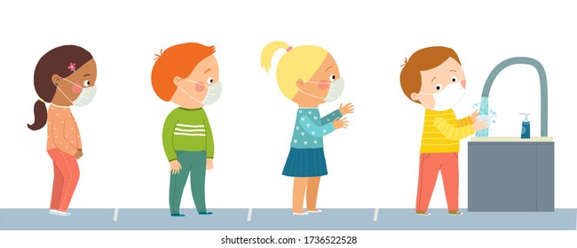 Children in face masks stand in line to wash their hands. Prevention against Virus and Infection. Hygiene Concept. Cartoon vector eps 10 illustration isolated on white background in a flat style.