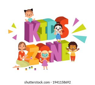 Children face painting. Cartoon animator girl in kids zone vector illustration