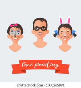 Children face painting collection of vector illustrations. Faces with different animals painted for kids party. Cat, rabbit drawing makeup 