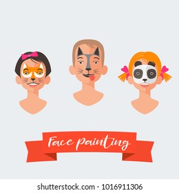 Children face painting collection of vector illustrations. Faces with different animals painted for kids party. Fox, dog, panda drawing makeup