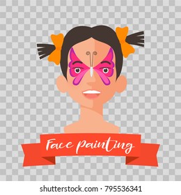 Children face painting collection of vector illustrations. Girl face with butterfly painted for kids party. Drawing makeup on transparent isolated background 