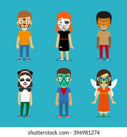 Children and Face painting Party. Kids with painted faces. Tiger mask and panda face, butterfly on face and dalmatians coloring. Vector illustration