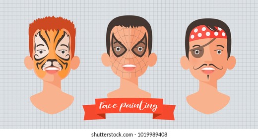 Children face painting set of vector illustrations. Faces with tiger, spider superhero, pirate makeup painted for kids party