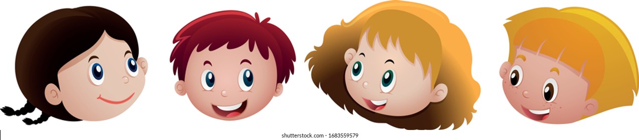Children Face Set Vector Illustration. Kids Faces on a White Background.