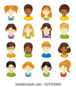 Children face set. Vector illustration set of different avatars of boys and girls on a white background. Collection of portraits kids. 