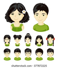 Children face set. Vector illustration set of different avatars of black-haired boys and girls on a white background. Collection of portraits kids.