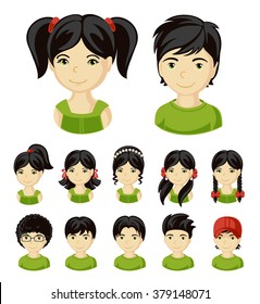 Children face set. Vector illustration set of different avatars of boys and girls on a white background. Collection of portraits kids.