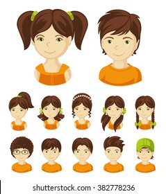 Children face set. Vector illustration set of different avatars of brunet boys and girls on a white background. Collection of portraits kids.