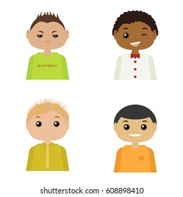 Children face set. Vector illustration of different avatars of boys on a white background. Collection of portraits kids.