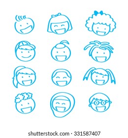 Children Faces in Doodle Style Isolated