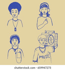 Children faces music sketch vector illustration hand drawing contours listen music