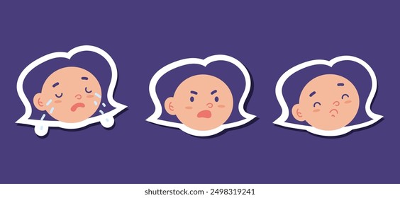 Children faces with negative emotions isolated set. Vector flat graphic design illustration