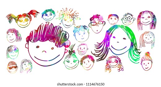 Children faces objects colorful abstract