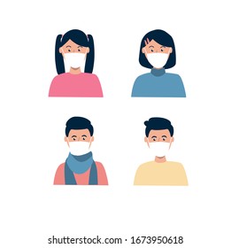 Children in facial masks to protect themselves from pollution and viruses. Girls and boy characters in different clothes and haircuts. Flat vector illustration.