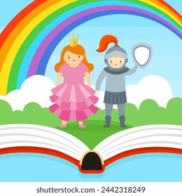 Children in fairy tale costumes on the background of the rainbow. Vector illustration