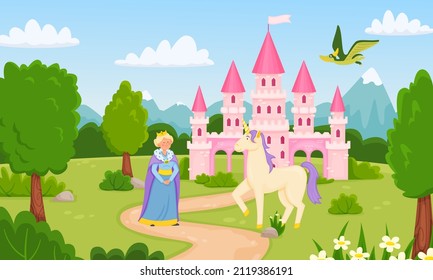 Children fairy tale vector illustration. Medieval pink castle with queen and fictional unicorn, flying dragon. Royal kingdom with beautiful landscape. Magic palace for kids vector illustration