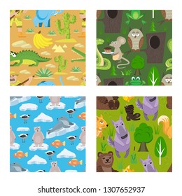 Children fairy-tale seamless pattern set vector illustration. Tropical conditions. Hunter with crocodile, elephant. Forest with snake, owl, mouse, fox, bear, wolf. White bear, fur seal, fish.