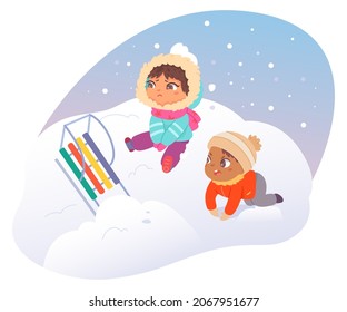 Children fall accident while sledding in winter snowy landscape vector illustration. Cartoon sad boy and girl characters sitting on snow near sled, frustration of falling kid friends isolated on white