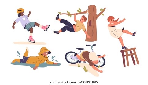 Children Falling During Different Playtime Activities Such As Rollerblading, Climbing Trees, And Riding Bikes