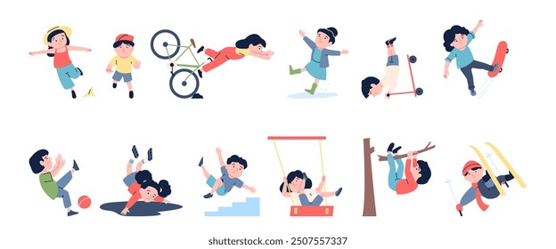 Children falling. Lose balance at bike skateboard rollers ski. Kid fall from tree staircase swings and slip on banana peel. Kids stumble recent vector set