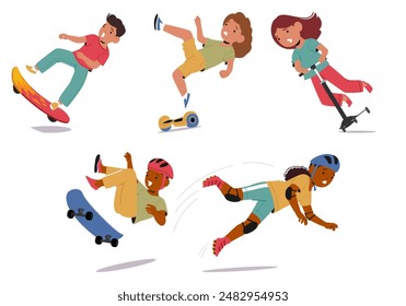 Niños Que Se Caen De Las Patinetas, Las Patinetas, Las Patinetas Y Los Patines De Ruedas. Vector Conceptos Energéticos De Accidentes, Seguridad Y Aventura En Actividades Al Aire Libre. Cada Niño Se Representa A Mediados Del Otoño