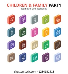 Children and Family 3D Vector isometric line icons set