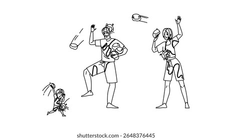 children family balloon fight vector. outdoor activity, party backyard, competition team children family balloon fight character. people black line pencil drawing illustration