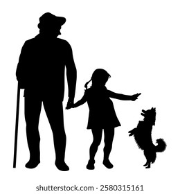 Children and family silhouettes.  Grandfather with granddaughter and a puppy. Vector illustration.	