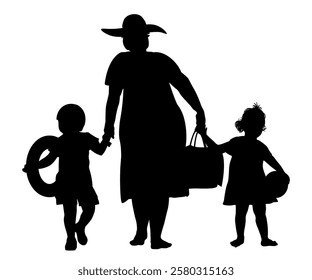 Children and family silhouettes.  Grandmother with grandchildren going to the beach. Vector illustration.	
