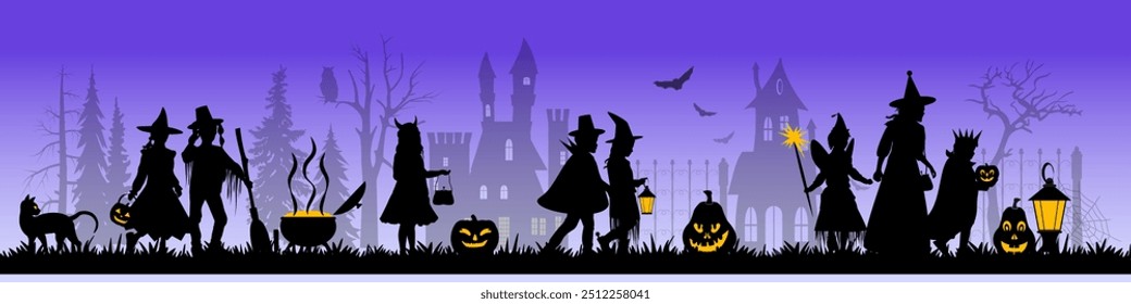 Children and family silhouettes on purple background with halloween objects. Happy Halloween. Vector illustration	
