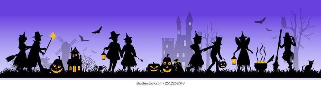 Children and family silhouettes on purple background with halloween objects. Happy Halloween. Vector illustration	
