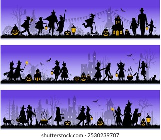 Children and family silhouettes on purple background with halloween objects. Happy Halloween. Vector illustration	
