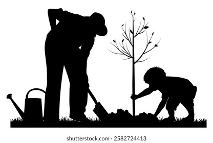 Children and family silhouettes. Family working in the garden. Vector illustration.	
