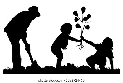 Children and family silhouettes. Family working in the garden. Vector illustration.	
