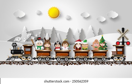 Children In Fancy Dress Sitting On The Train, With A Background As A Snow Mountain.paper Art Style.