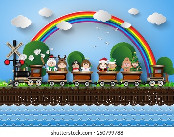 Children In Fancy Dress Sitting On A Train Running On The Tracks. With The Background Rainbow.paper Art Style.