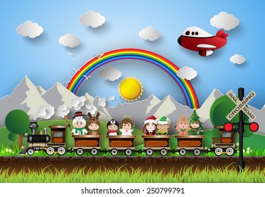 Children in fancy dress sitting on a train running on the tracks. With the background rainbow.paper art style.