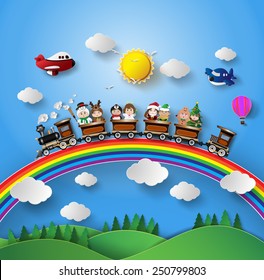 Children In Fancy Dress Sitting On A Train That Was Running On A Rainbow.paper Art Style.