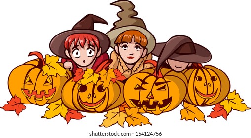 Children in fancy halloween dress sit behind pumpkins and watch carefully 