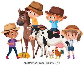 Children with farm animals illustration