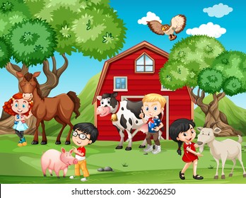 Children and farm animals illustration