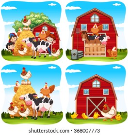Children and farm animals on the farm illustration