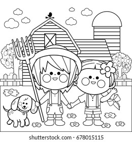 Children At The Farm. Black And White Coloring Book Page