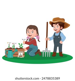 children in farm clothes, children planting in a garden. vector illustration.