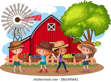 Children in farm scene on white background illustration