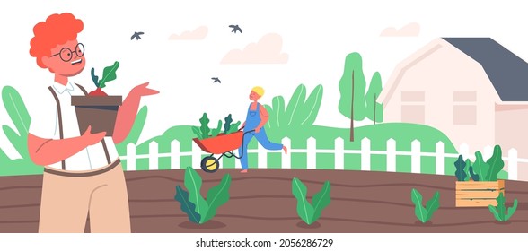 Children Farmer or Cottager Characters Working in Garden Planting Sprouts to Ground, Care of Plants. Kids Active Outdoors Hobby, Gardening and Farming Works at Summer. Cartoon Vector Illustration